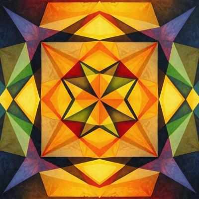 The primary subject of the image is a geometric pattern, featuring a star shape with yellow, green, and red colors. The setting is a blue background, which contrasts with the vibrant colors of the pattern. The visual style appears to be a combination of digital art and illustration, creating a unique and eye-catching design. The dominant colors of the pattern are yellow, green, and red, which contribute to a lively and energetic atmosphere.